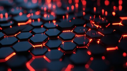 A futuristic digital illustration of glowing red hexagons on a dark background