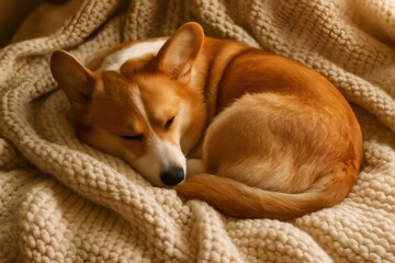 Pembroke Welsh Corgi dog comfortably curled up and resting on a soft, beige knitted blanket, enjoying a peaceful nap