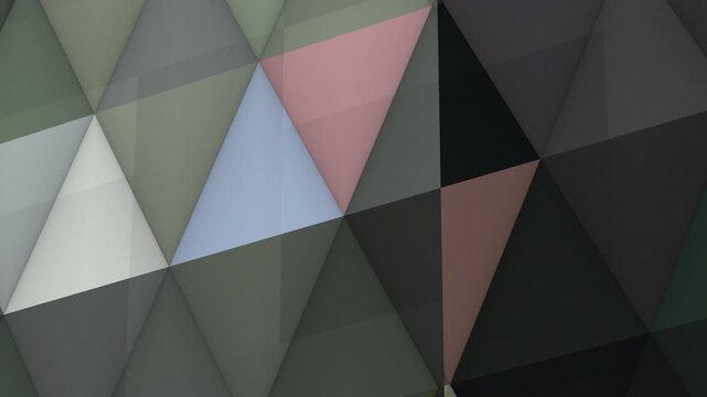 A clean VJ loop featuring overlapping wall of large-scale triangles in muted slate, charcoal, and dusty pink. The soft transparency and sharp angles create a modern, high-end geometric aesthetic.