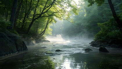 Serene forest river in morning mist