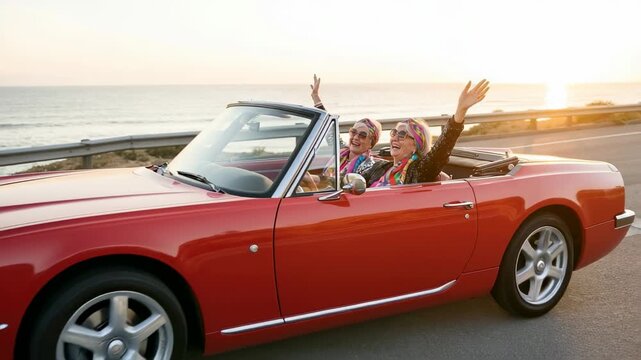 Two senior women enjoying freedom on a coastal road trip in a vintage convertible