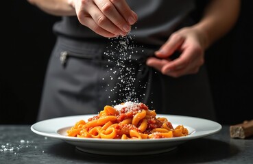Chef sprinkles salt onto pasta dish. Hand adds seasoning over pasta. Italian food on plate. Traditional cuisine with pasta sauce. Cooking with salt. Delicious meal on black background.