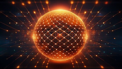 glowing orange sphere complex wireframe connections abstract global network technology
