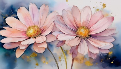 watercolor painting of two daisy like flowers with pale pink petals and golden centers