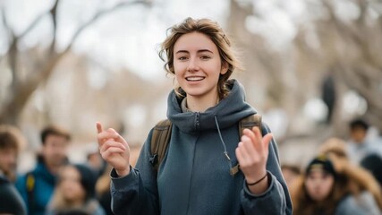 A dedicated activist stands on a crowded university campus, passionately handing out flyers to fellow students, raising awareness about environmental issues and upcoming sustainability events.