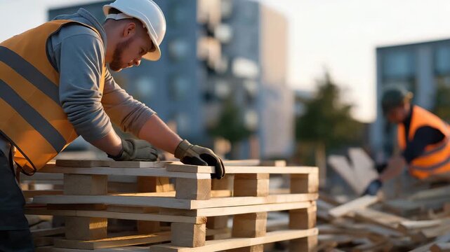A construction site bustling with workers organizing stacks of wooden pallets, emphasizing the industrious nature of building and development in an urban landscape. cinematic color correction,