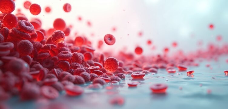 Erythrocytes float in blood. Blood cells flow in vein or artery. Red bloodcells concept for anemia illness. Scientific, medical background for lab research. Macro view, detail anatomy
