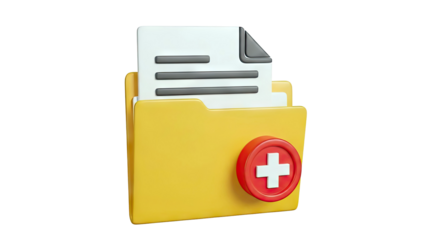 3D Icon: Yellow Folder with Documents and Red Plus Button