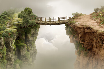 Conceptual landscape showcases a narrow wooden bridge connecting two cliffs, one side lush with greenery, the other dry and rocky, evoking contrast and harmony