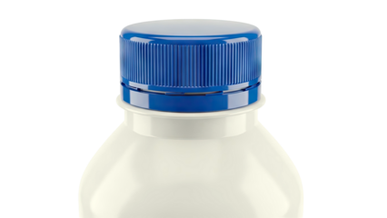 Close-up of a clear bottle with a blue ribbed cap