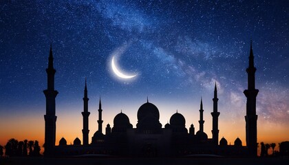 majestic mosque silhouette under crescent moon and starry night sky during twilight