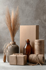 Eco-friendly still life arrangement featuring kraft paper packaging, glass bottle, and natural twine with balanced negative space and soft lighting