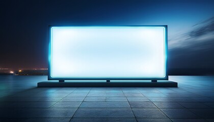 a futuristic illuminated digital billboard stands alone on a textured surface against a dark moody background