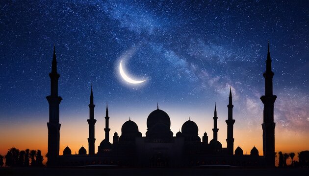 majestic mosque silhouette under crescent moon and starry night sky during twilight - Powered by Adobe