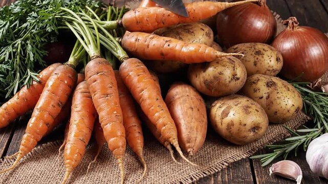 Fresh Root Vegetables Carrots Potatoes Onions And Garlic Still Life Studio Shoot