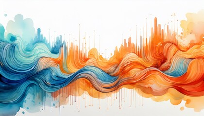 a vibrant watercolor abstract design featuring orange and blue sound waves symbolizing energy and creativity