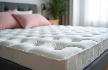 Fototapeta premium Closeup white memory foam mattress topper on bed. Soft quilted bedding offers comfort and support. Home bedroom furniture, new bedding textile for sleep.