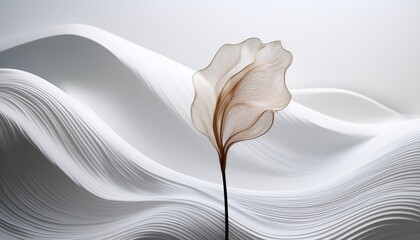 an elegant minimalist artwork with a dried flower amidst undulating white layers
