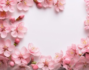 close up of delicate pink blossoms framing a white background spring aesthetic