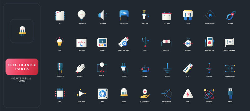 Gradient flat style icons set with diverse electronics parts, components, and tools, including semiconductors, batteries, sensors, and diagrams on dark UI background vector illustration.
