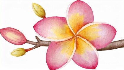 watercolor painting of a pink and yellow frangipani flower with buds on a brown branch
