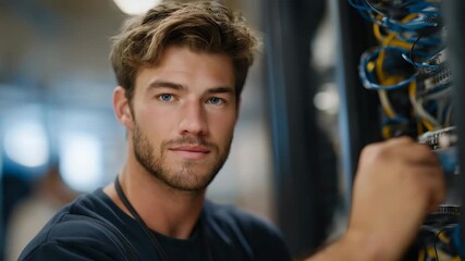 A technician in a busy server room meticulously organizing and labeling a network of cables, highlighting the importance of proper management in maintaining efficient technology infrastructure.