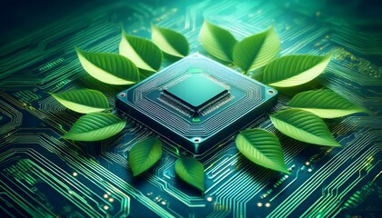 a microchip surrounded by green leaves on a circuit board symbolizes the fusion of technology and nature