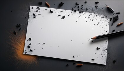 angled view of a blank paper with pencil border of splatters and dark marks