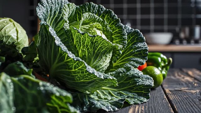 Fresh Savoy Cabbage And Various Vegetables On Rustic Wooden Table Close Up In The Kitchen