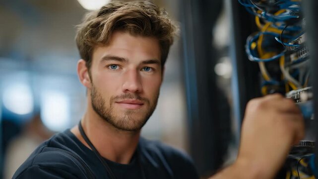 A technician in a busy server room meticulously organizing and labeling a network of cables, highlighting the importance of proper management in maintaining efficient technology infrastructure.