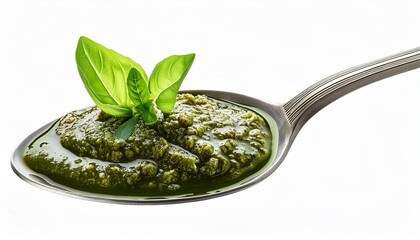 isolated spoon with pesto sauce