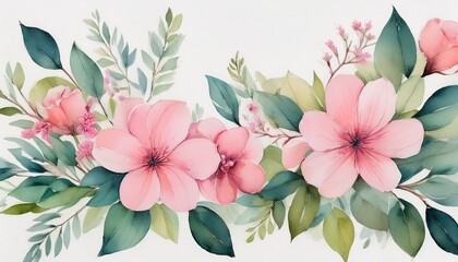 watercolor painting of delicate pink flowers and green leaves against a white backdrop