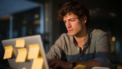 A startup founder typing furiously on a laptop during a looming deadline, sticky notes scattered everywhere as sunlight fades behind the office blinds — business urgency, productivity pressure, and