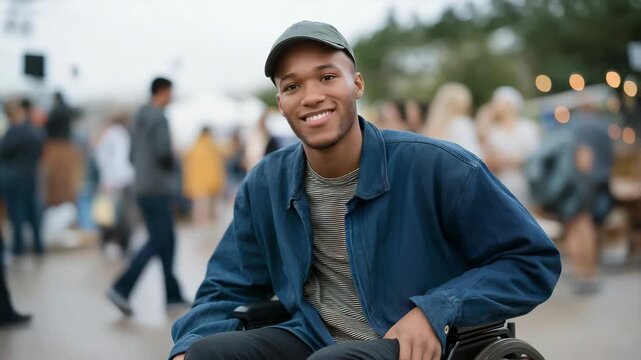 A wheelchair user participating in a community event or festival, smiling among a diverse crowd, illustrating social inclusion and public accessibility. cinematic color correction, natural uneven