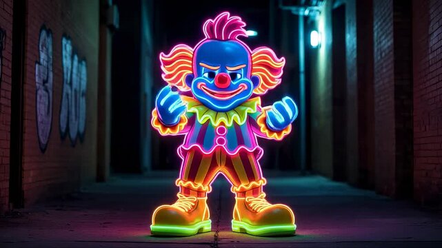 A bright neon clown figure stands in a narrow alleyway at night. The colorful lights create a vivid display against the dark surroundings and graffiti walls.