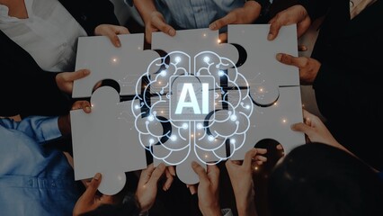 Hands come together to hold puzzle pieces symbolizing teamwork and innovation, while a brain graphic represents the impact of AI on technology and creativity. Raster