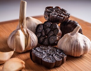 whole and sliced black garlic bulbs displayed in detail