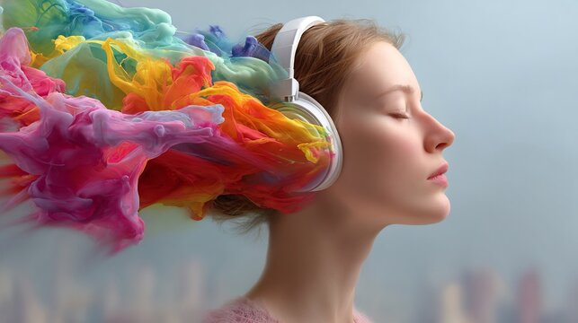 Psychoacoustics emotional response sound person wearing headphone their eye closed vibrant liquid like sound wave visibly erupting their chest reshaping grey reality around them into color music