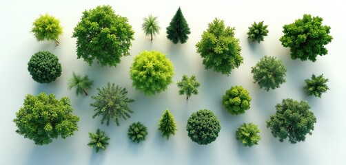 Overhead view of various 3D rendered green trees. Assortment of different tree types isolated on white background. Illustration of nature elements for design projects