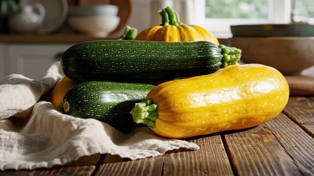 Fresh Summer Harvest Display Of Zucchini And Yellow Squash On Rustic Wooden Tabletop