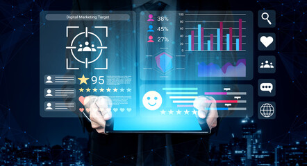 A professional examines digital marketing data using a tablet, featuring interactive graphs and statistics against a city backdrop, showcasing modern analytics in business. Gantry
