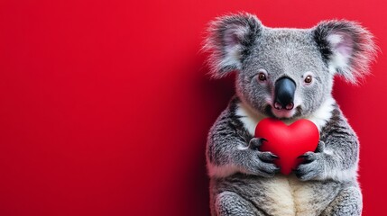 A cute koala bear holding a red heart in front of a solid red background, conveying love and affection. Valentine day Special