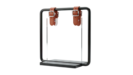 Modern Desk Stand with Leather Straps and Glass Panels