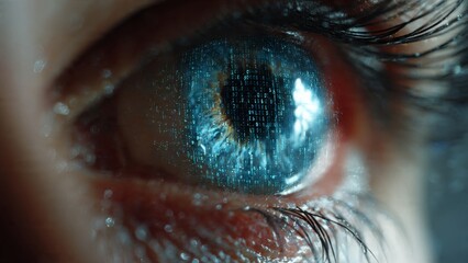Human eye displaying digital binary code data

