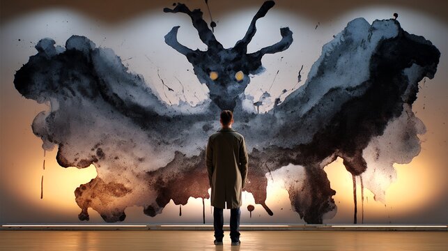 Rorschach test projection person looking giant inkblot wall but inkblot is actively morphing into a 3D monster reaching out to grab them psychological projection subconscious fear moody thriller vibe