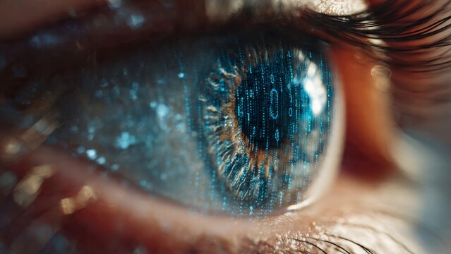 Human eye displaying digital binary code data

 - Powered by Adobe