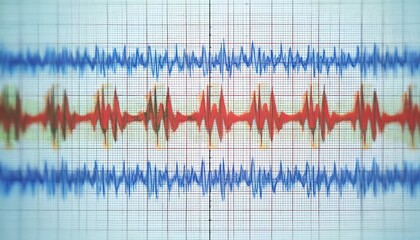 Medical EEG graph displays brain electrical activity patterns. Red lines show sharp wave spikes, suggesting neurological disorder like epilepsy. Blue lines represent normal brain function. Diagnostic