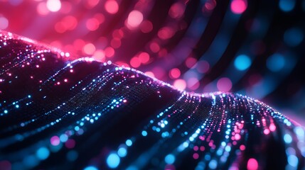 A vibrant digital illustration of glowing blue and pink particles flowing in wavy lines across a dark background
