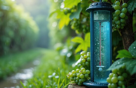 Rain gauge in vineyard measures rainfall after shower. Green grapes and leaves surround the device. Measuring instrument shows water level after rain. Weather monitoring in garden.