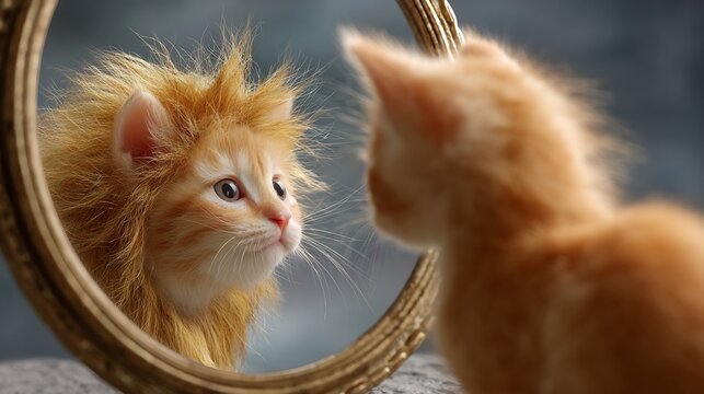 Self efficacy belief tiny kitten looking into mirror but seeing full grown majestic lion a golden mane reflecting back confidence psychology empowerment concept cute yet powerful advertising style